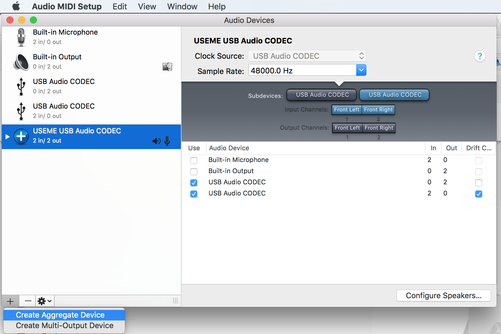 Audio Midi Setup - create aggregate device
